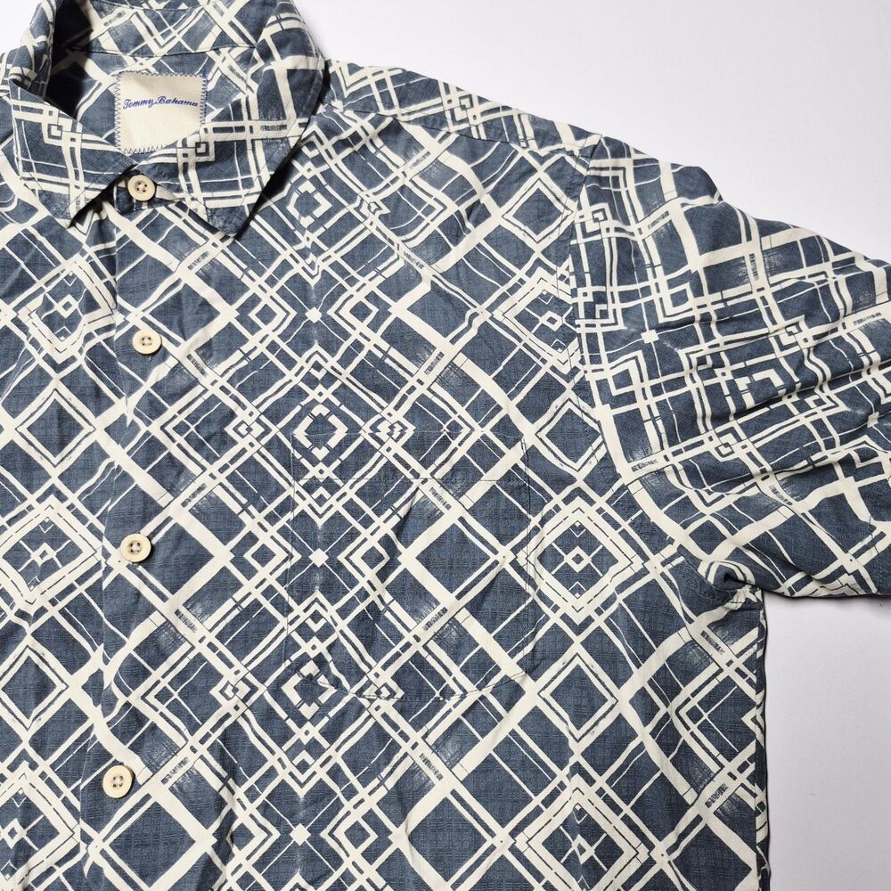 Tommy Bahama Mens XL Blue Geometric Diamond Silk Short Sleeve Camp Shirt EUC
